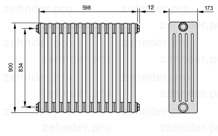 Схема (чертеж) Радиатор Zehnder Charleston 5090/13 №1270 Белый глянцевый RAL 9016